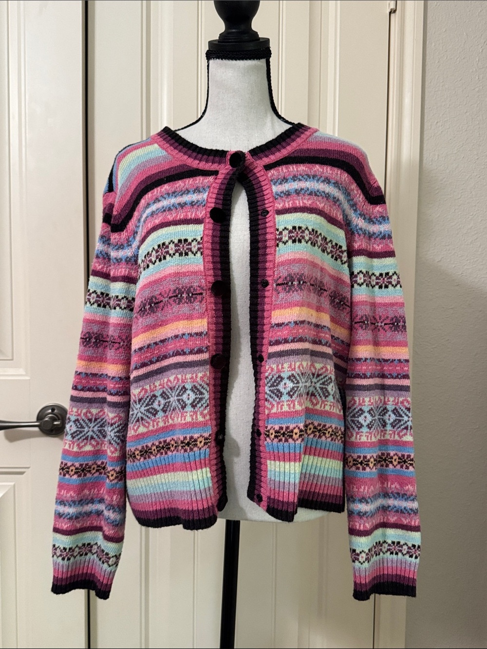 villager Pink Multicolor Fair Isle Button-Front Cardigan